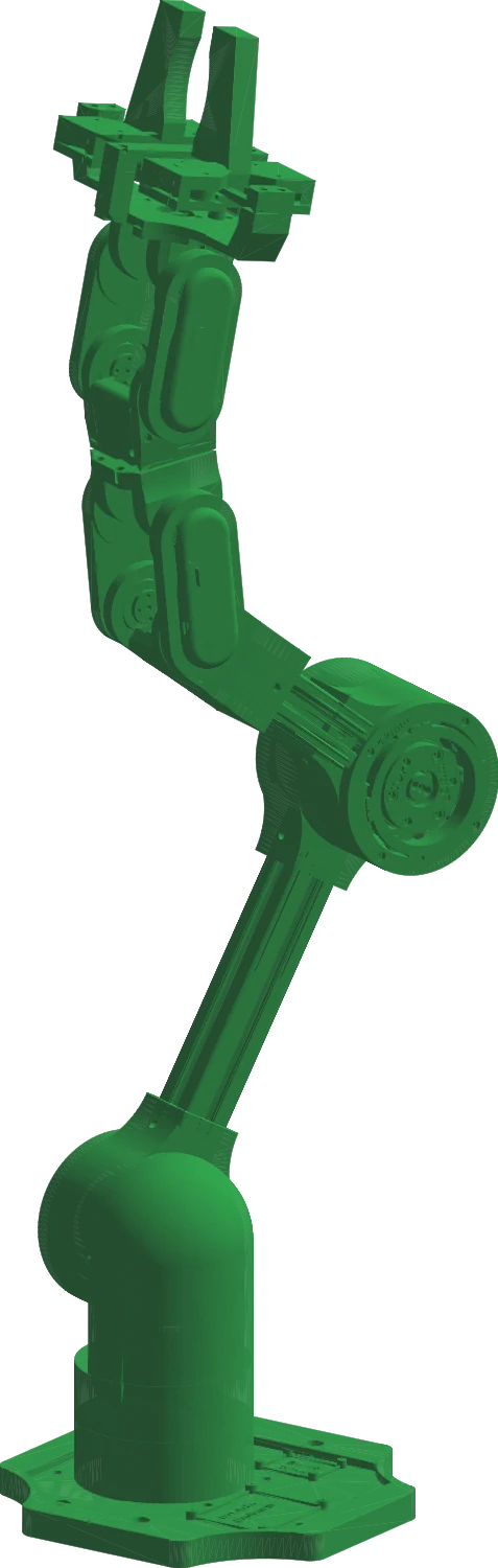 The ArkBot arm, rendered from its published 3D model in green PLA