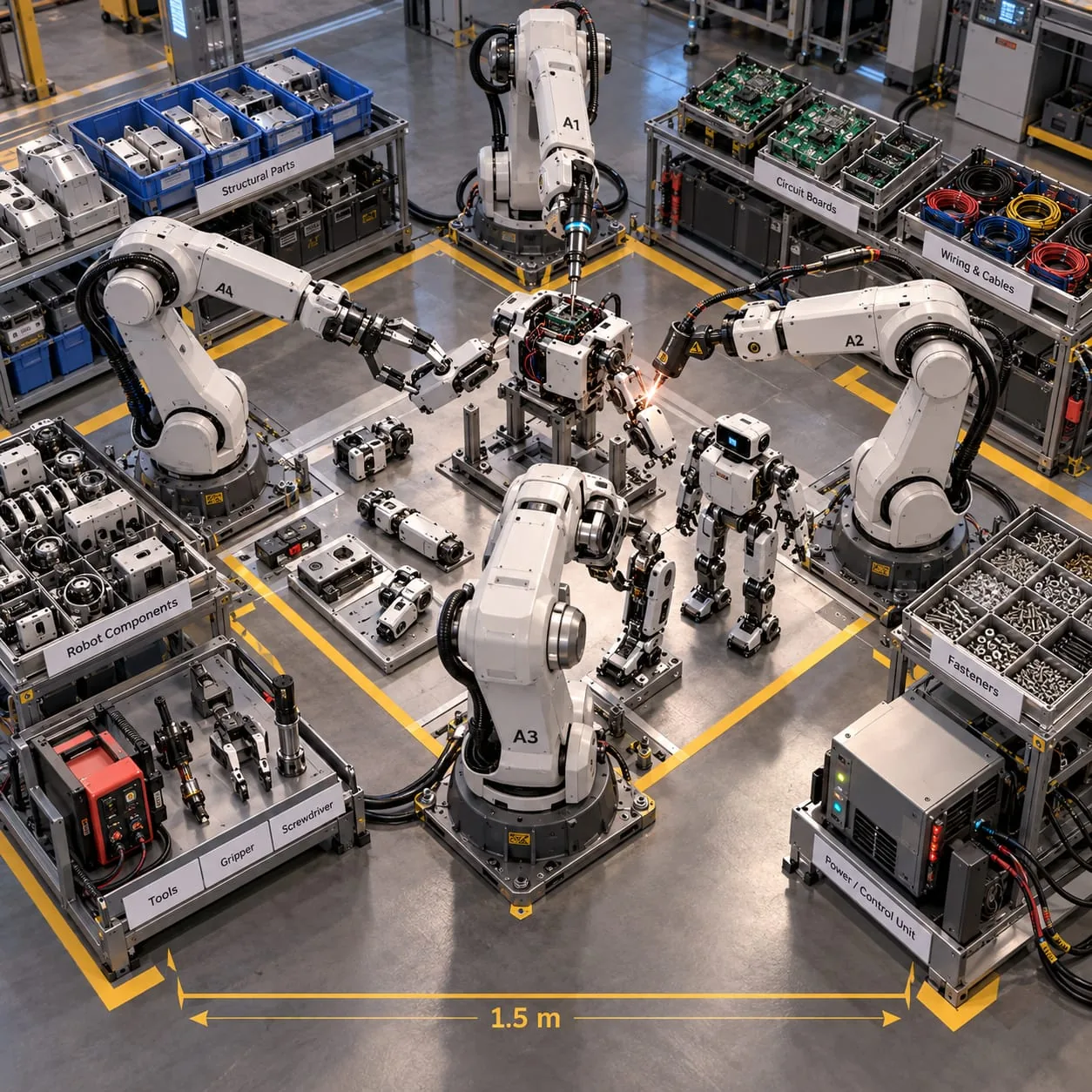 Concept illustration: four robot arms, labelled A1 to A4, assembling a small humanoid robot in a workcell surrounded by racks of parts, circuit boards, wiring, fasteners, tools and a power and control unit